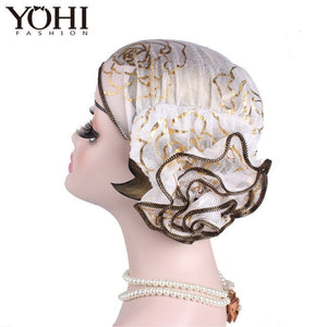 2018 Hot Sale Women Elegant king Flower Elastic Mesh Turban Chemo Cap Beanie Head Wrap Head Muslim Scarf