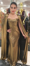 Load image into Gallery viewer, Internationally Published Gold Dress with Elegant Cape