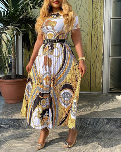 Designer Inspired Print Pleated Dress with Belt