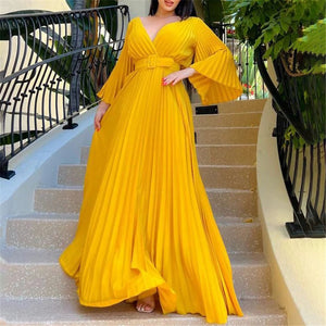 Long Sleeve Pleated Maxi Dresses S to 3XL