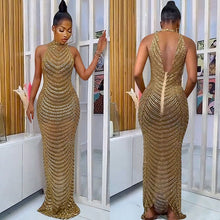 Load image into Gallery viewer, Sparkly Crystal Rhinestone Sheer Bodycon Maxi Dress