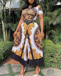 Designer Inspired Print Pleated Dress with Belt