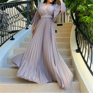 Long Sleeve Pleated Maxi Dresses S to 3XL