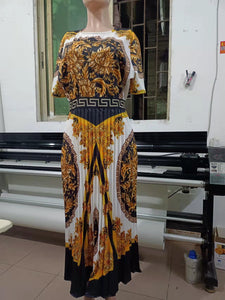 Designer Inspired Print Pleated Dress with Belt