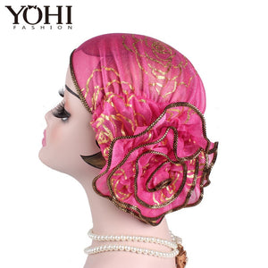 2018 Hot Sale Women Elegant king Flower Elastic Mesh Turban Chemo Cap Beanie Head Wrap Head Muslim Scarf